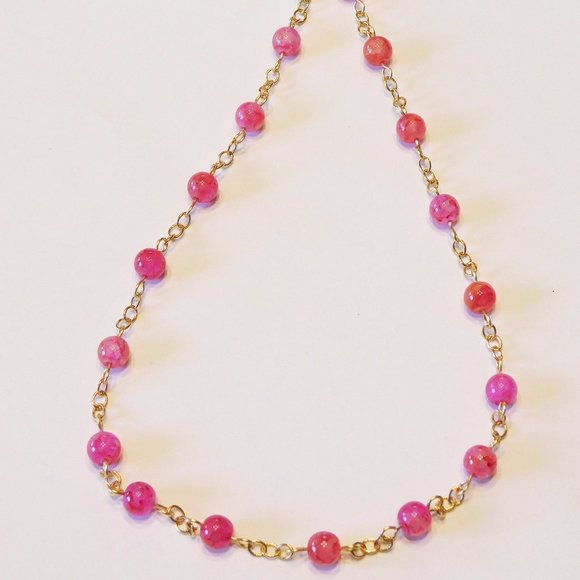 Handmade Gold Tone Chain & Glass Pink Beaded Necklace - 18" - Picture 2 of 4